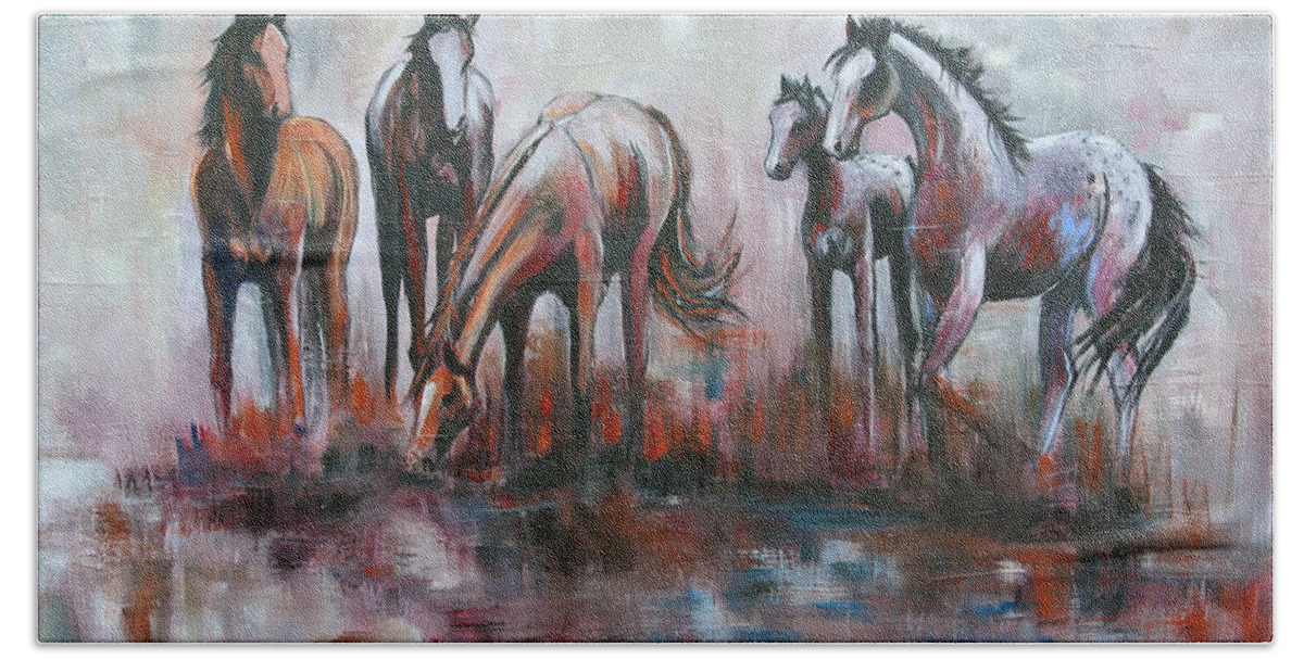 Horse Bath Towel featuring the painting Sunday Gathering by Cher Devereaux