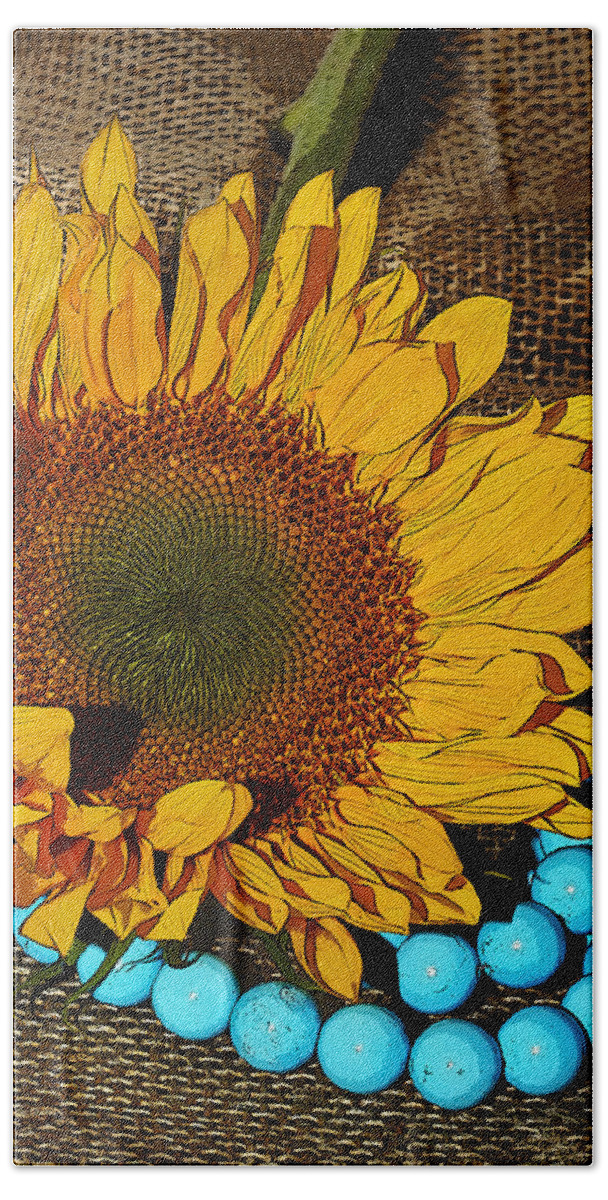 Sunflower Hand Towel featuring the photograph Sunflower Burlap And Turquoise by Phyllis Denton