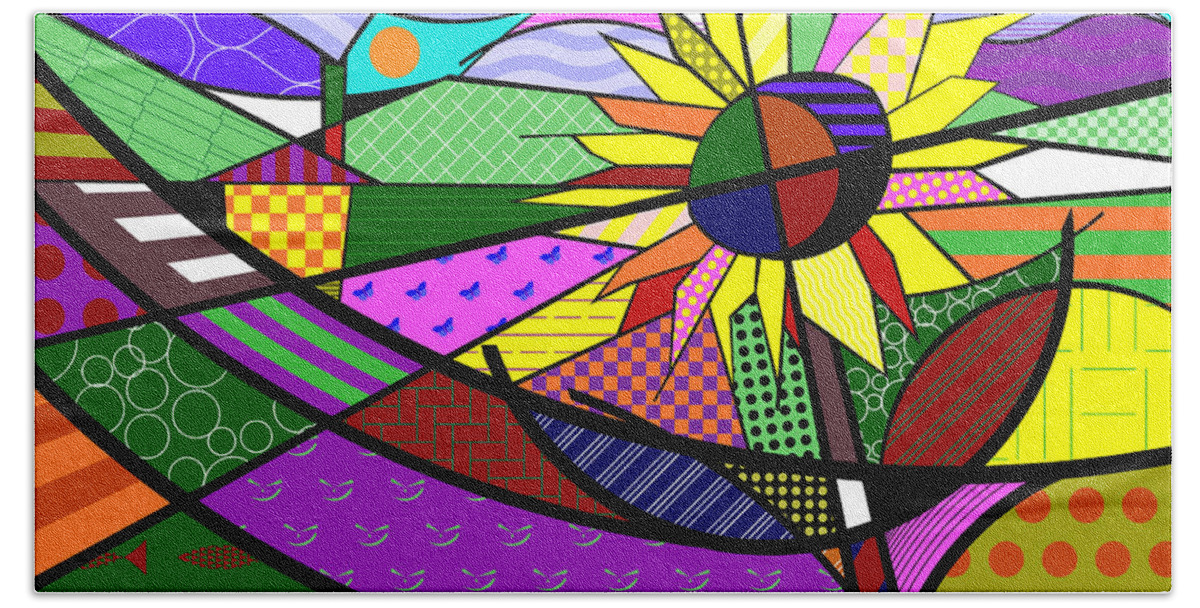 Colorful Bath Towel featuring the digital art Sunflower Farm by Randall J Henrie