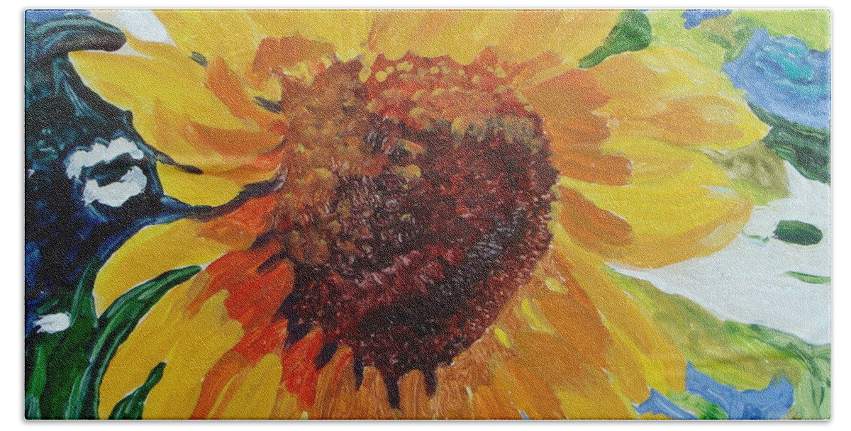 Sunflower Tile Bath Towel featuring the painting Sunflower Tile by Susan Duda