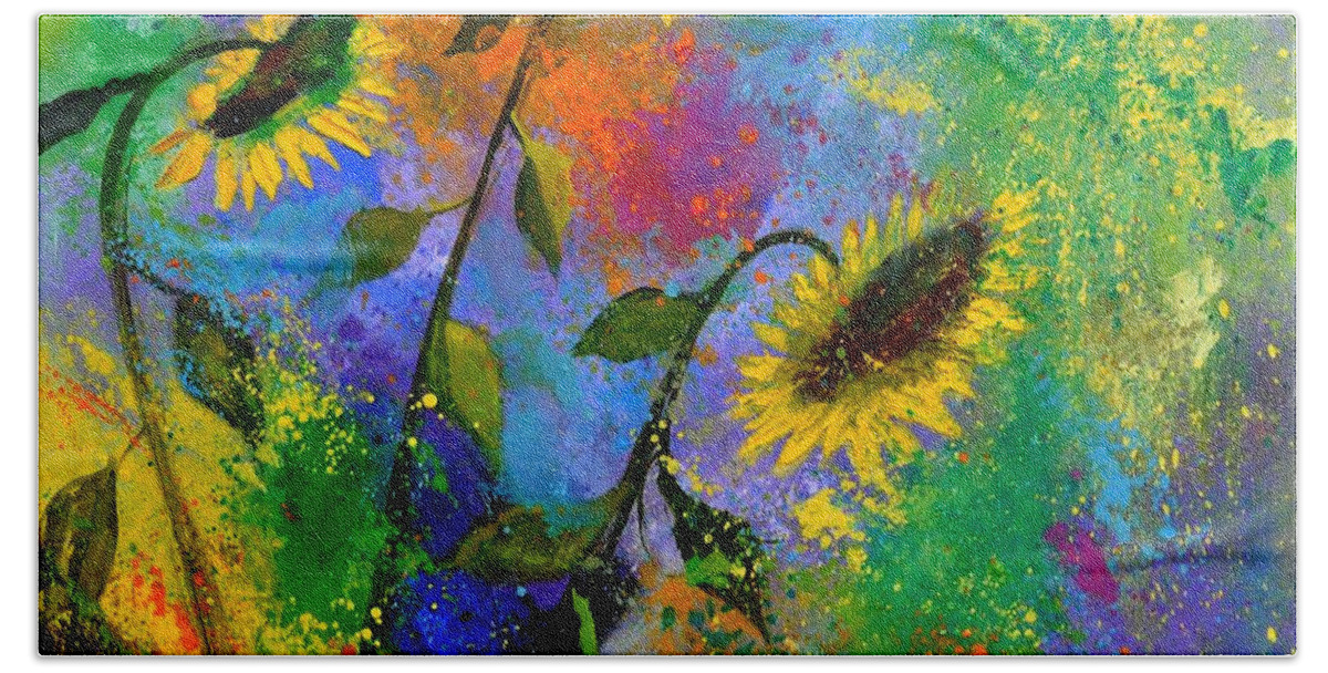 Still Life Bath Towel featuring the painting Sunflowers 7741 by Pol Ledent