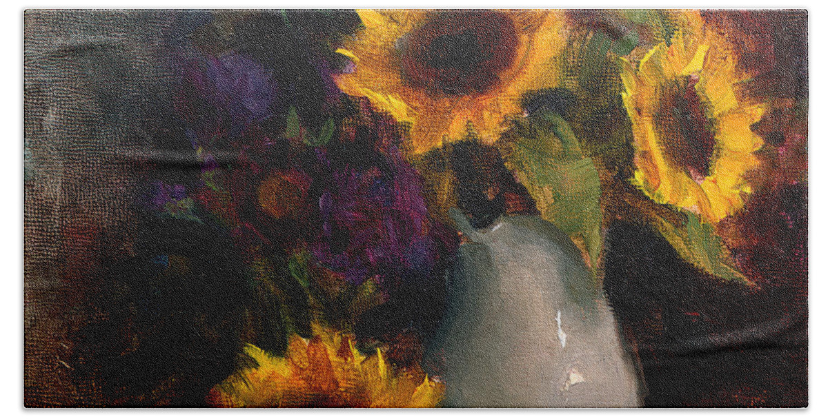 Sunflower Hand Towel featuring the painting Sunflowers and Porcelain Still Life by K Whitworth
