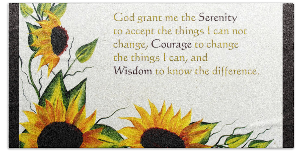 Barbara Griffin Hand Towel featuring the painting Sunflowers and Serenity Prayer by Barbara A Griffin