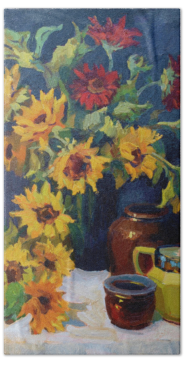 Sunflowers Bath Towel featuring the painting Sunflowers and Yellow Pitcher by Diane McClary
