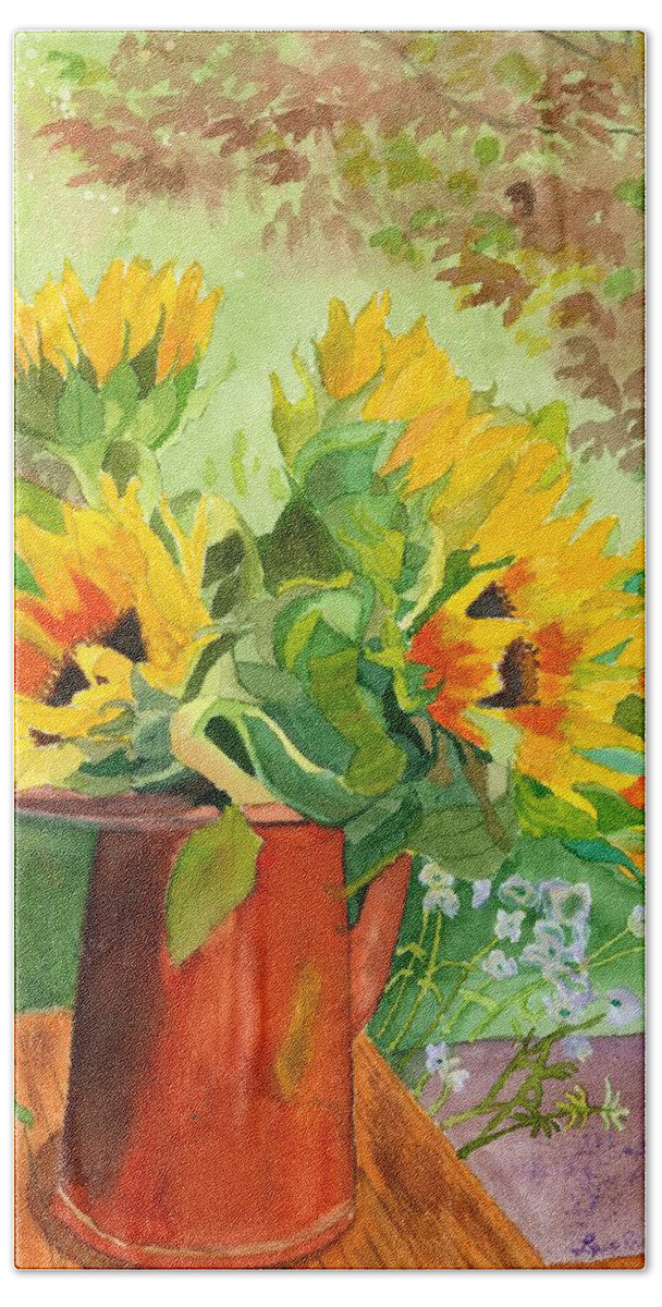 Sunflowers Hand Towel featuring the painting Sunflowers in Copper by Lynne Reichhart