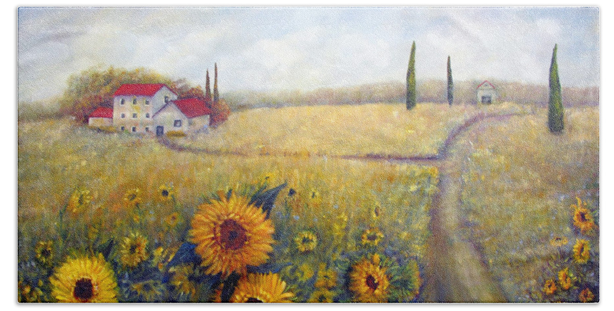 Loretta Luglio Bath Towel featuring the painting Sunflowers by Loretta Luglio