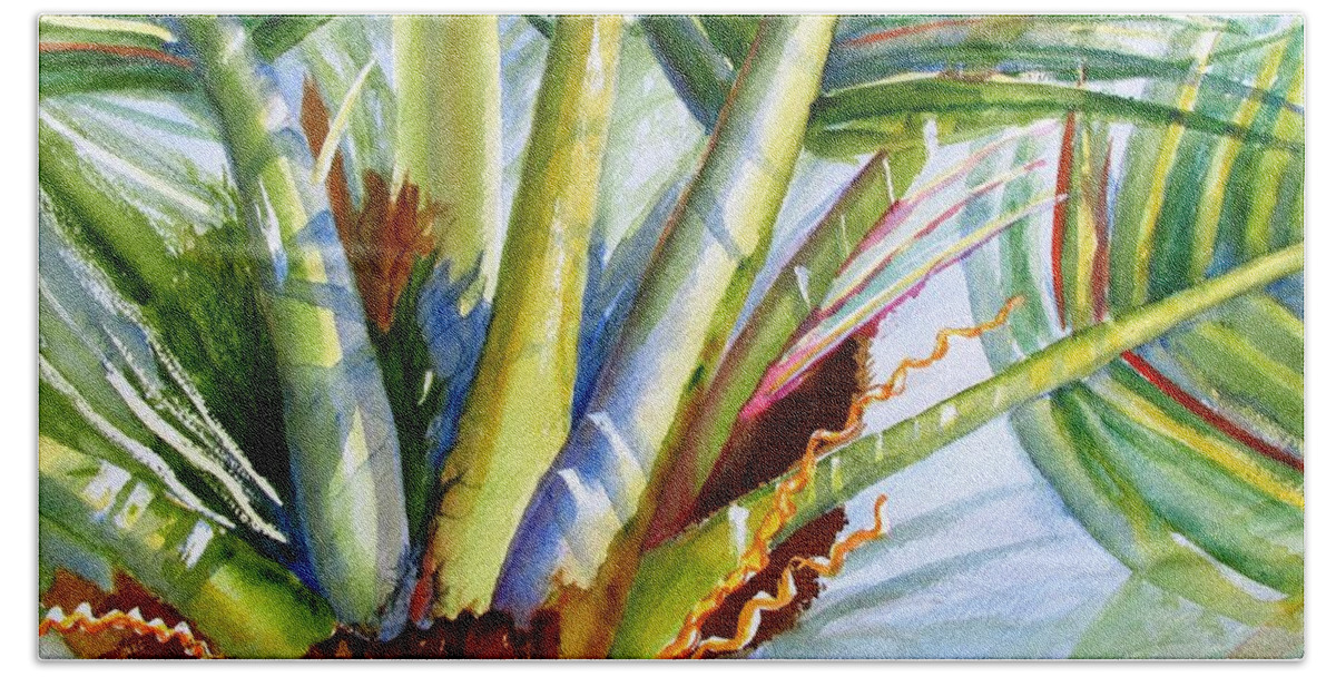 Palm Hand Towel featuring the painting Sunlit Palm Fronds by Carlin Blahnik CarlinArtWatercolor