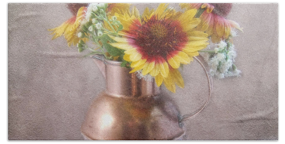 Gazania Bath Towel featuring the photograph Sunny Treasure Flowers in a Copper Jug by Louise Kumpf