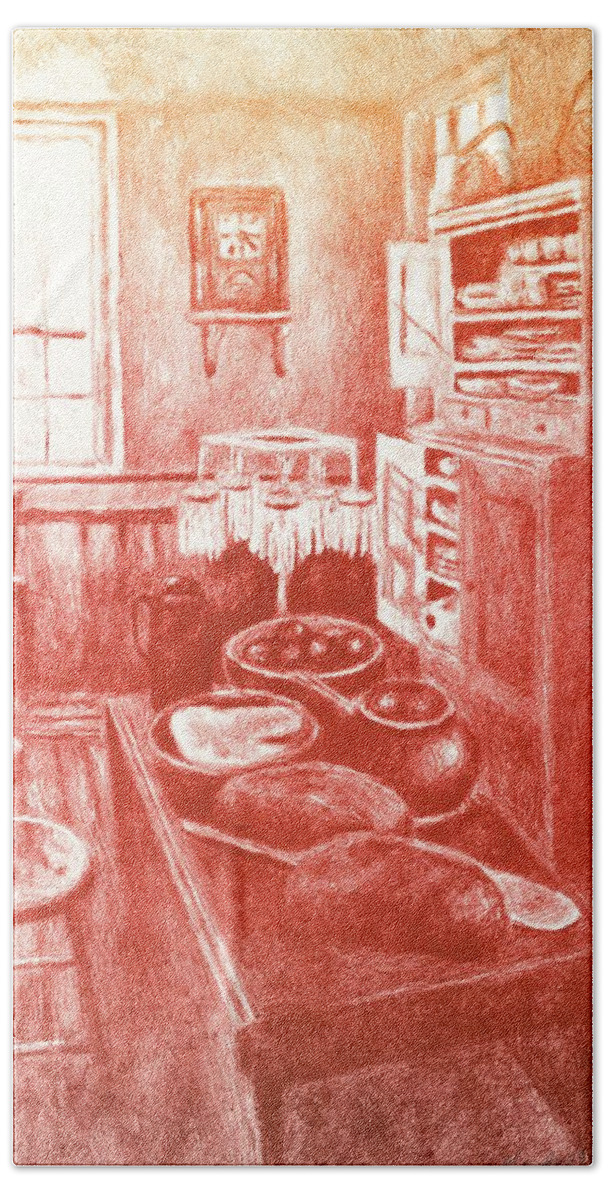 Kitchen Hand Towel featuring the drawing Sunny Old Fashioned Kitchen by Kendall Kessler