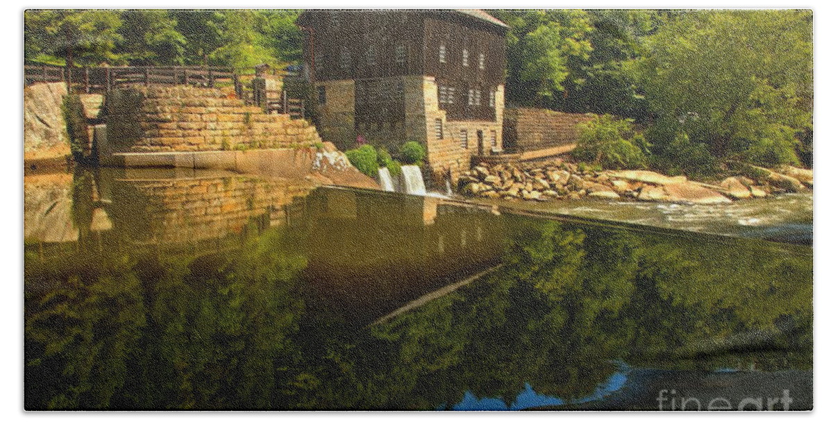 Mcconnells Mill State Park Bath Sheet featuring the photograph Sunny Refelctions In Slippery Rock Creek by Adam Jewell
