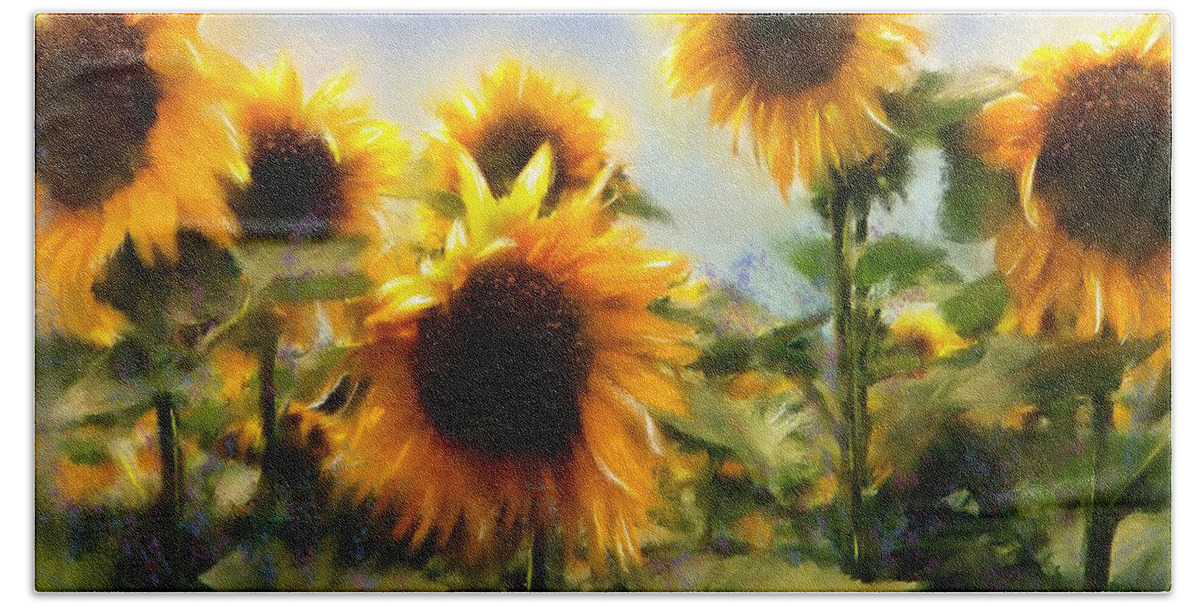 Sunflowers Bath Towel featuring the painting Sunny-Side Up by Colleen Taylor
