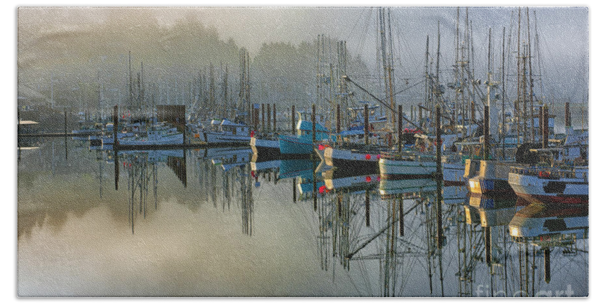 Harbor;sunrise;boats;fog;mist;clouds;reflection;reflections;harbors;newport;oregon;pacific;northwest;scenic;scenics;fishing;waterscape;waterscapes;sandra Bronstein;mirror;colorful;horizontal;morning;moody;fine;art;photography;canvas;prints;posters;greeting;cards;notecards;iconic;tourism;travel;port;seaport;acrylic;photographs; Hand Towel featuring the photograph Sunrise At Newport Harbor by Sandra Bronstein