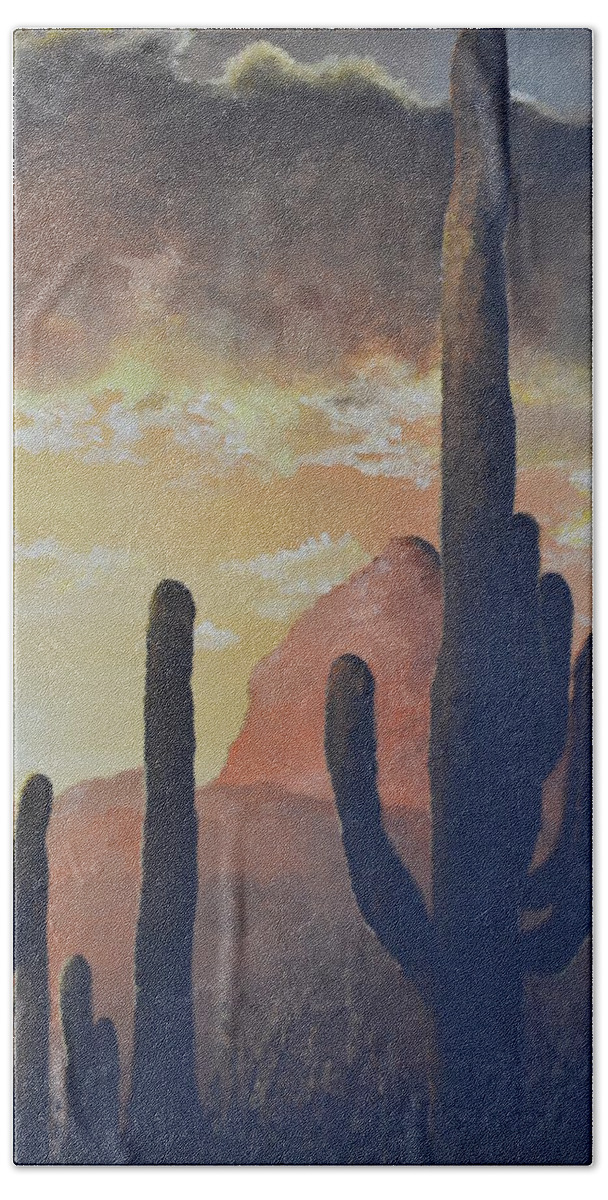 A Sunrise In The Tucson Desert With Cactus Bath Towel featuring the painting Sunrise in Tucson by Martin Schmidt