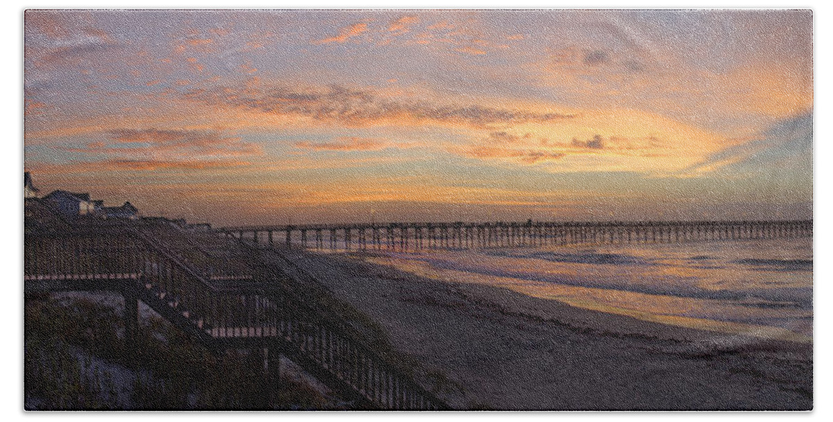 Fishing Pier Hand Towel featuring the photograph Sunrise on Topsail Island Panoramic by Mike McGlothlen