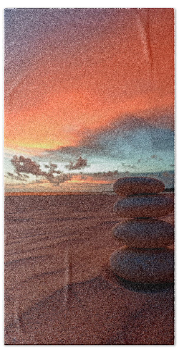 Cairn Hand Towel featuring the photograph Sunrise Zen by Sebastian Musial