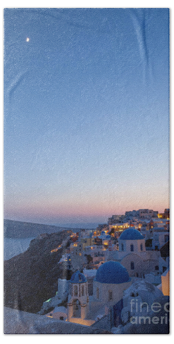 Santorini Bath Towel featuring the photograph Sunset and moon over Oia - Santorini - Greece by Matteo Colombo