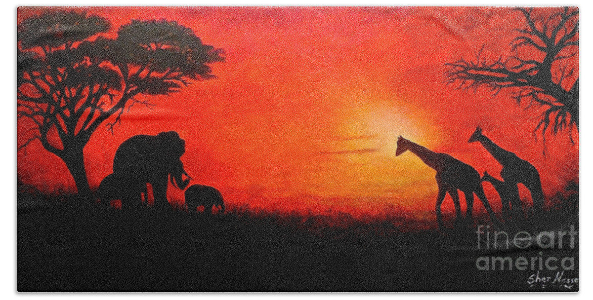 Acacia Trees Hand Towel featuring the painting Sunset at Serengeti by Sher Nasser
