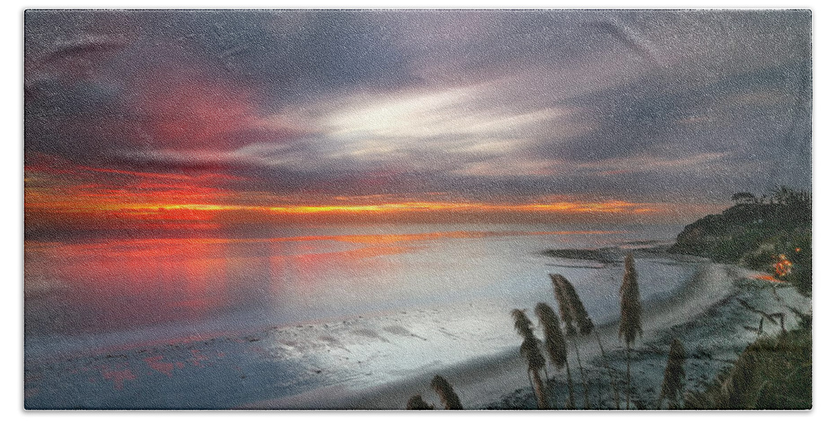 Sunset Bath Sheet featuring the photograph Sunset at Swamis Beach 4 by Larry Marshall