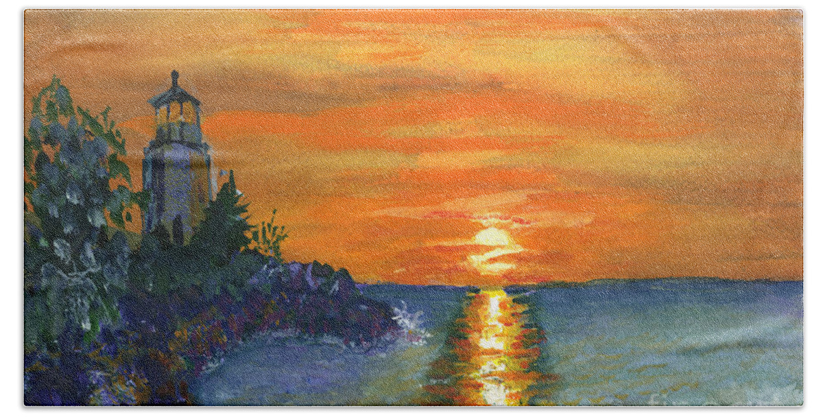 Sunset Hand Towel featuring the painting Sunset at the Lighthouse by Walt Brodis
