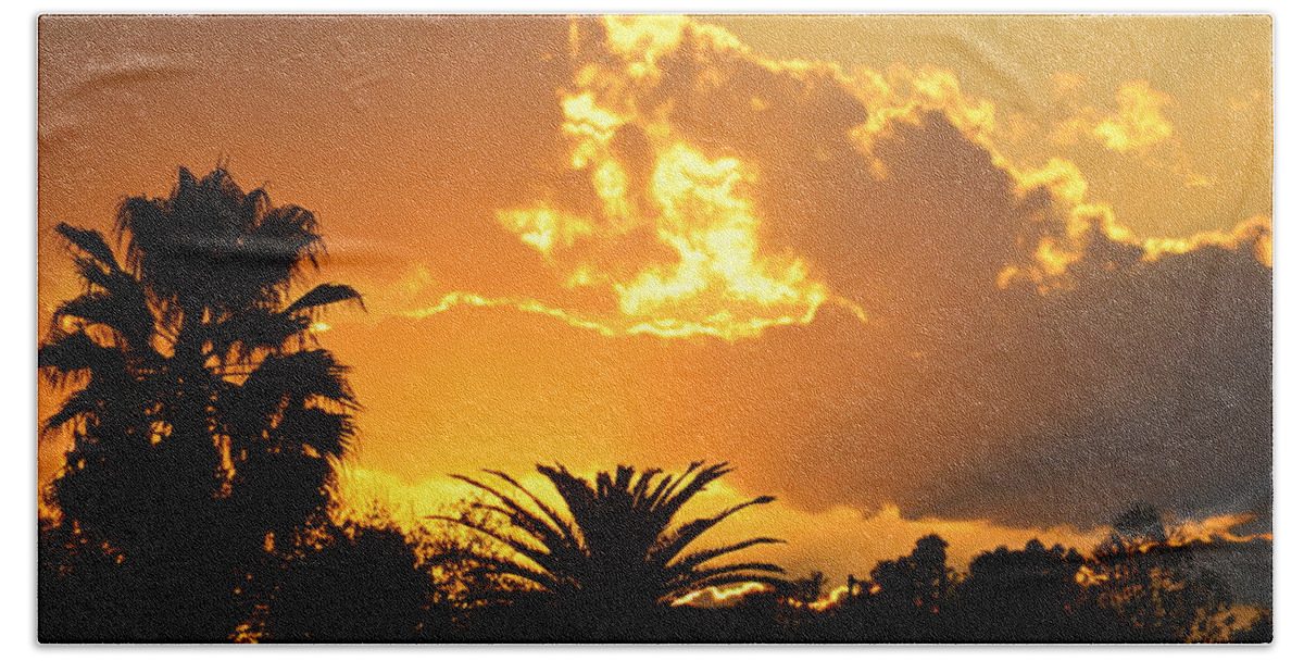 Scenic Bath Towel featuring the photograph Sunset Behind the Palms by AJ Schibig