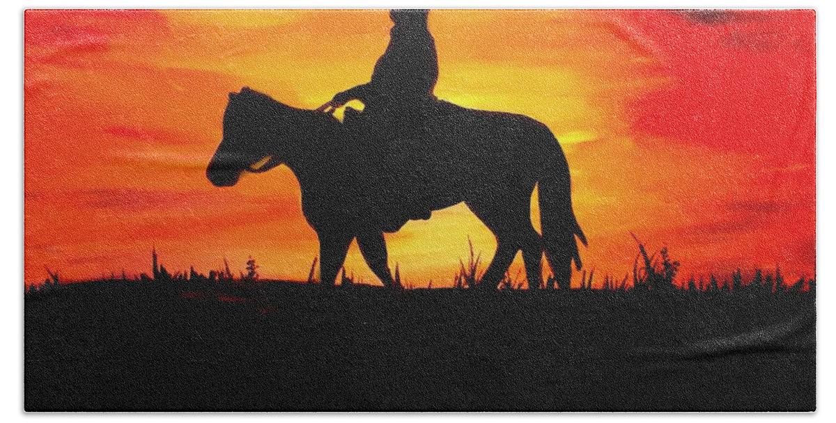 Sunset Bath Towel featuring the painting Sunset Cowboy by Marisela Mungia