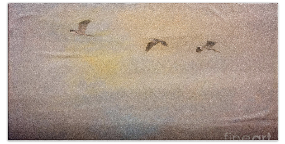 Great Blue Herons Bath Towel featuring the digital art Sunset Flight by Jayne Carney