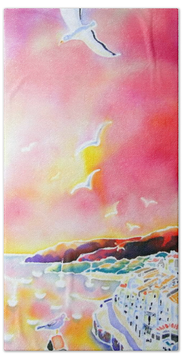 Spain Bath Towel featuring the painting Sunset in Costa Brava by Hisayo OHTA