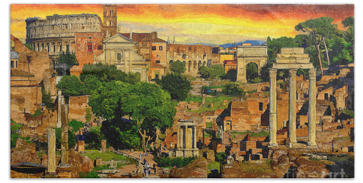 Sunset Hand Towel featuring the painting Sunset in Rome by Stefano Senise