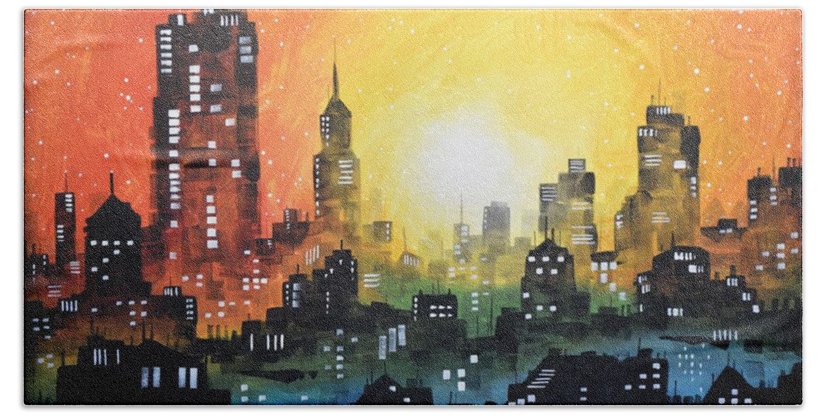 Print Hand Towel featuring the painting Sunset In the City by Amy Giacomelli