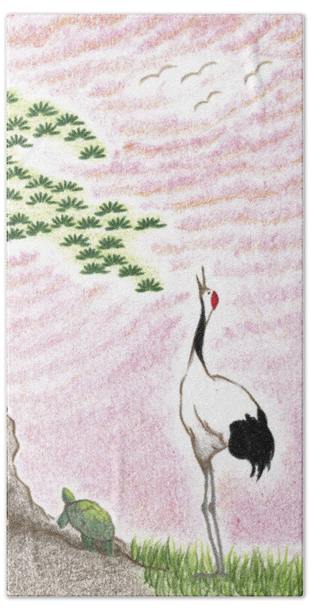 Crane At Sunset Bath Towel featuring the drawing Sunset by Keiko Katsuta