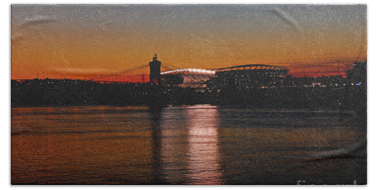 Cincinnati Bath Towel featuring the photograph Sunset on Paul Brown Stadium by Mary Carol Story