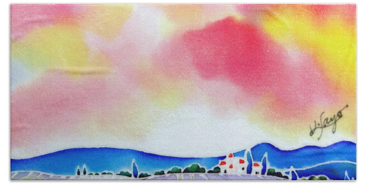 France Hand Towel featuring the painting Sunset on the lavender farm by Hisayo OHTA