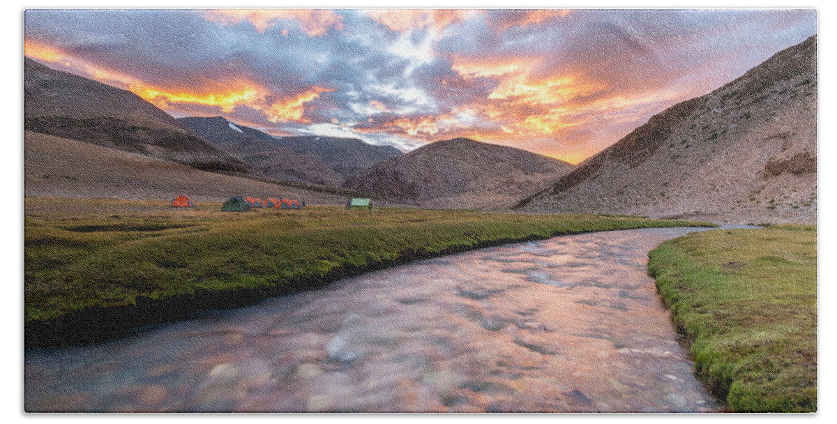 Beauty In Nature Hand Towel featuring the photograph Sunset Over A Camp By A Stream by Andrew Peacock