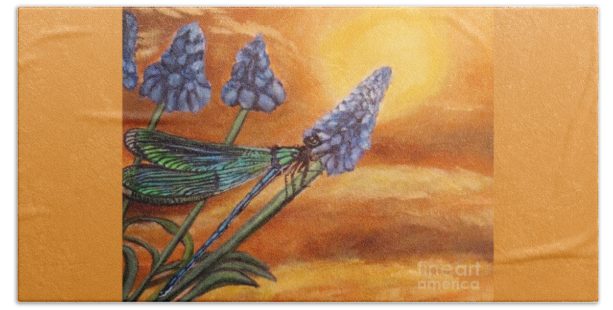 Nature Scene Aquatic Water Scene Ecology With Environmental Message For Conservation For Earth Day Blue Green Dragonfly Blue Prussian Blue Grape Hyacinths Golden Orange Sunset Acrylic Painting Hand Towel featuring the painting Summer Sunset over a Dragonfly by Kimberlee Baxter