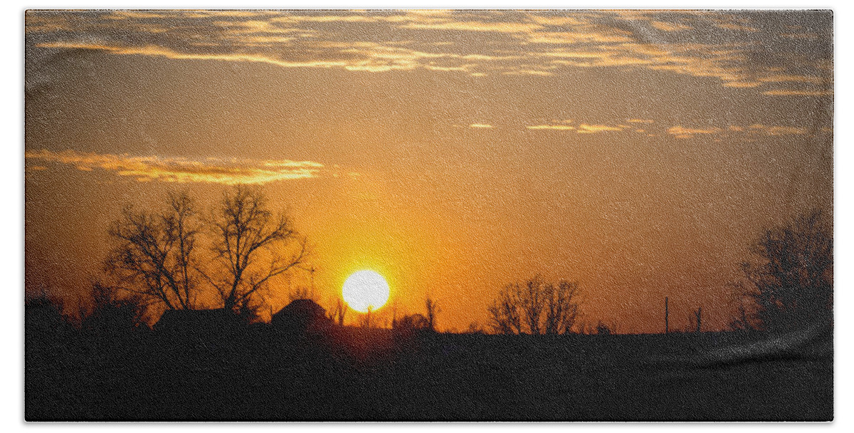 Sunset Bath Towel featuring the photograph Sunset Over the Distant Farm by Holden The Moment