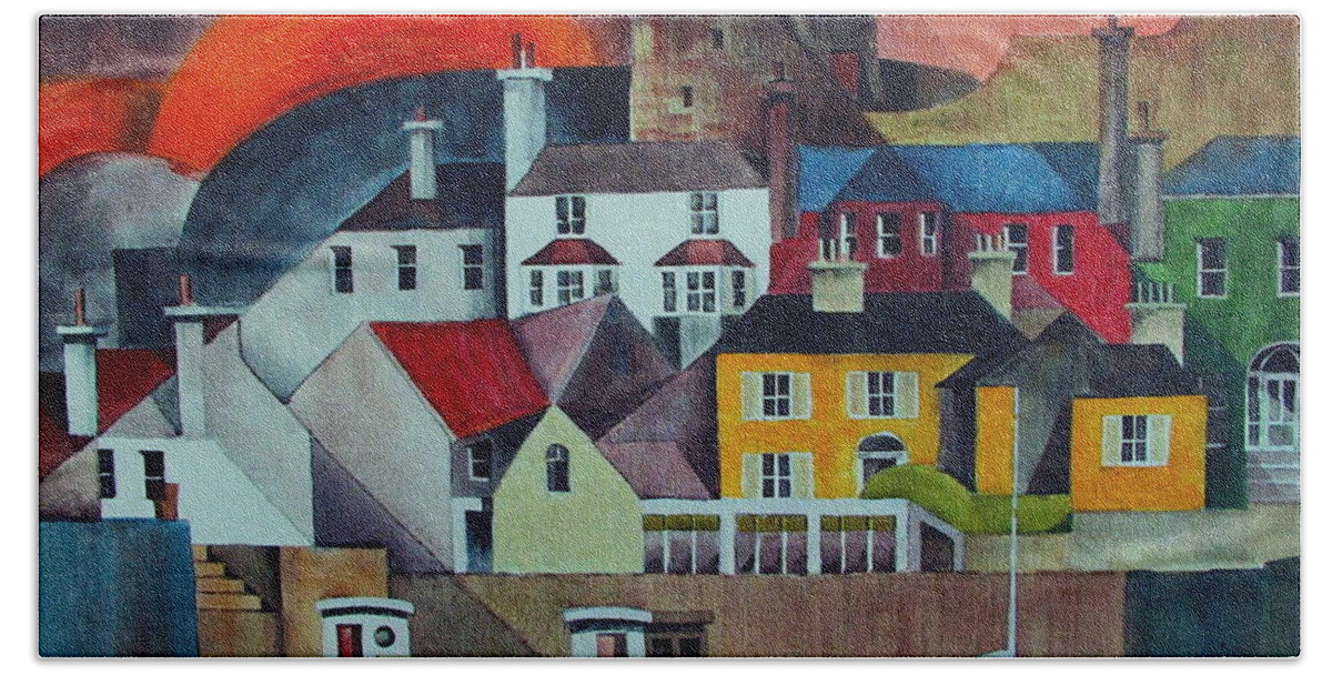 Val Byrne Bath Towel featuring the mixed media Sunset over Howth by Val Byrne