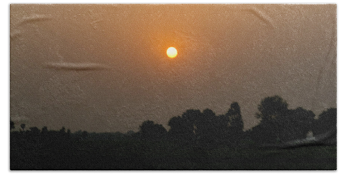 Sunset Hand Towel featuring the photograph Sunset over the farm by SAURAVphoto Online Store