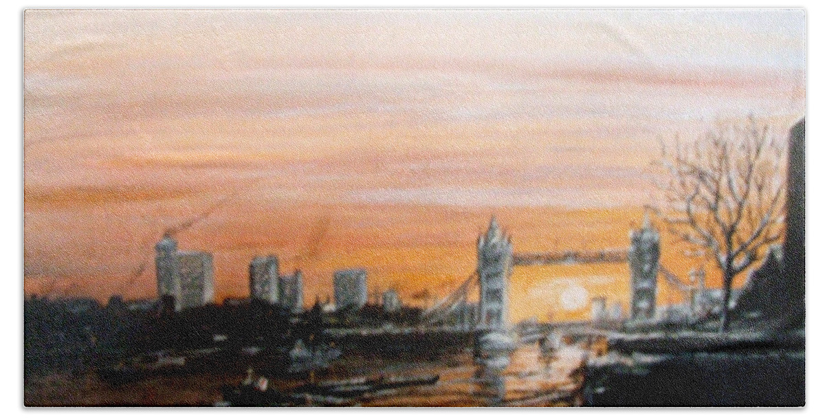 Sunset Hand Towel featuring the painting Sunset over Tower Bridge London from Pier Head Wapping by Mackenzie Moulton