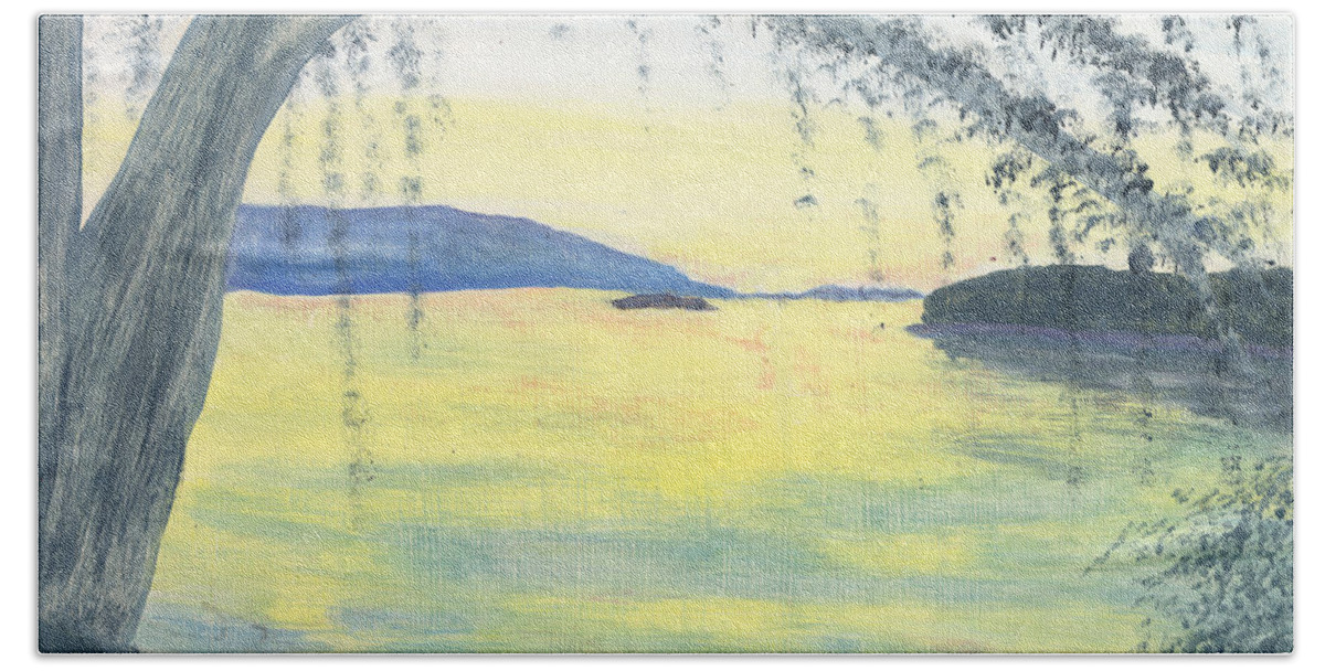Landscape Bath Towel featuring the painting Sunset over Water by Stephanie Grant