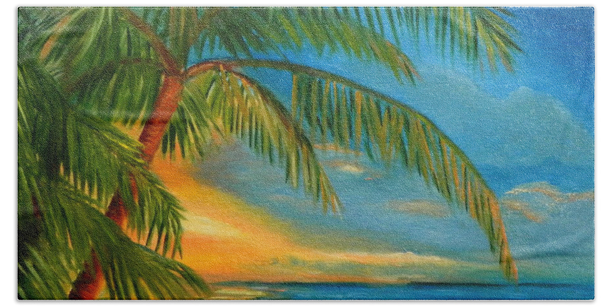 Art Hand Towel featuring the painting Sunset Reflections - Key West Sunset and Palm Trees by Shelia Kempf
