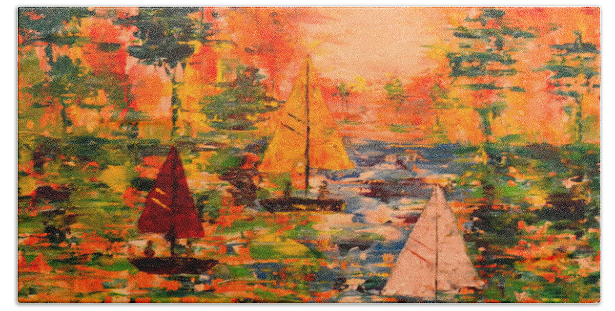 Abstract Hand Towel featuring the painting Sunset Sailing by Denise Tomasura