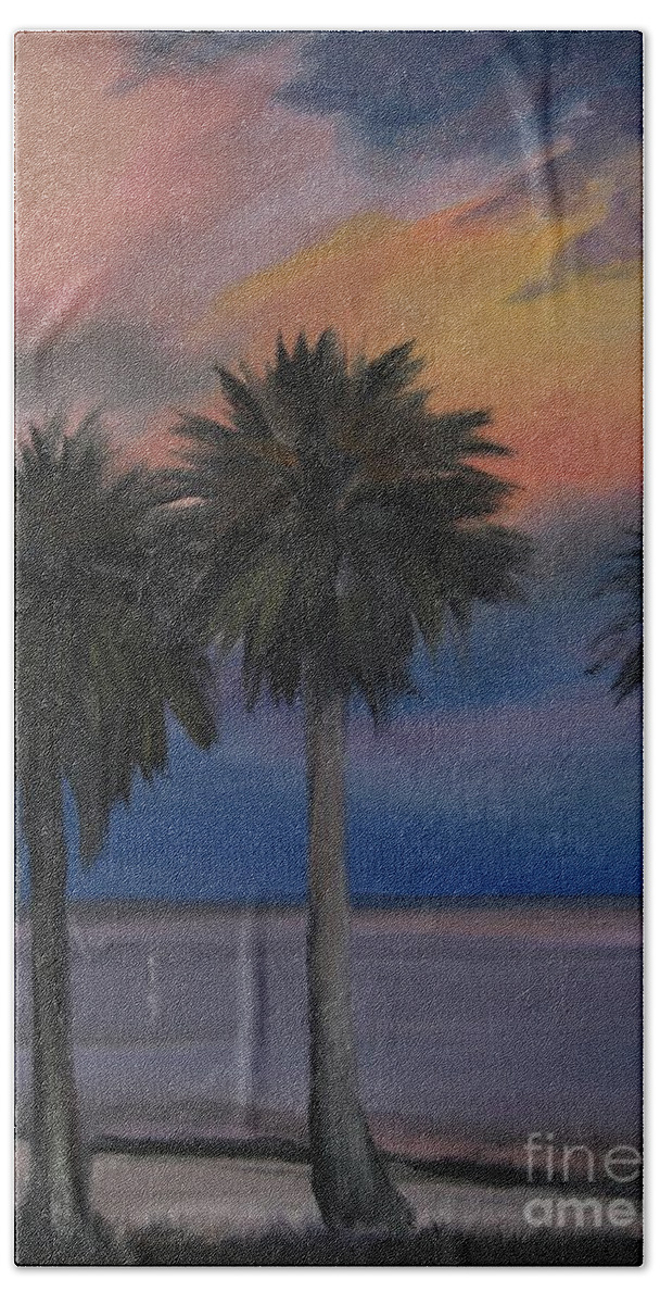 Noewi Bath Towel featuring the painting Sunset Shore by Jindra Noewi