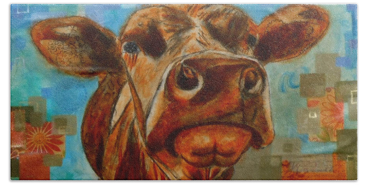 Abstract Cow - Oil On Paper. Contemporary Bath Towel featuring the painting Sunshine by Susan Goh