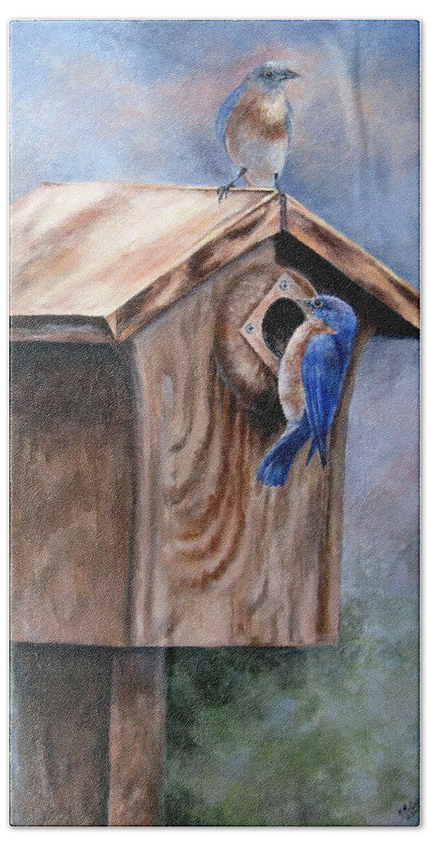 Bluebirds Bath Towel featuring the painting Supervised Feeding by Mary McCullah