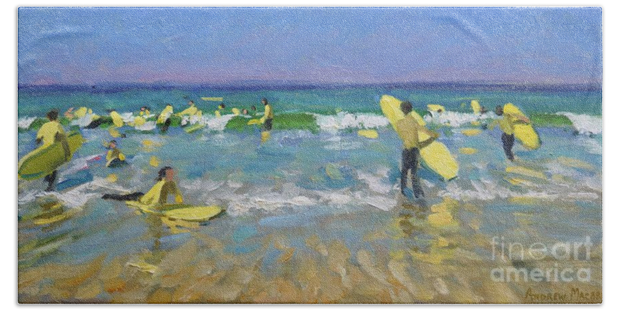 Surf Hand Towel featuring the painting Surf School at St Ives by Andrew Macara