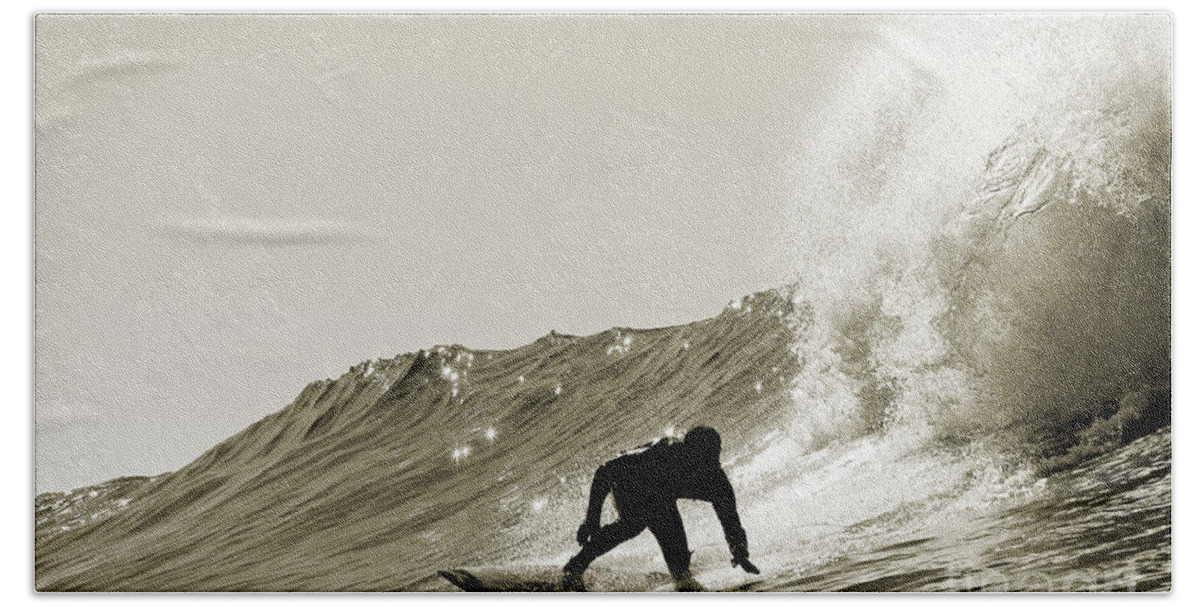 Surfing Bath Towel featuring the photograph Surfer Sepia Silhouette by Paul Topp