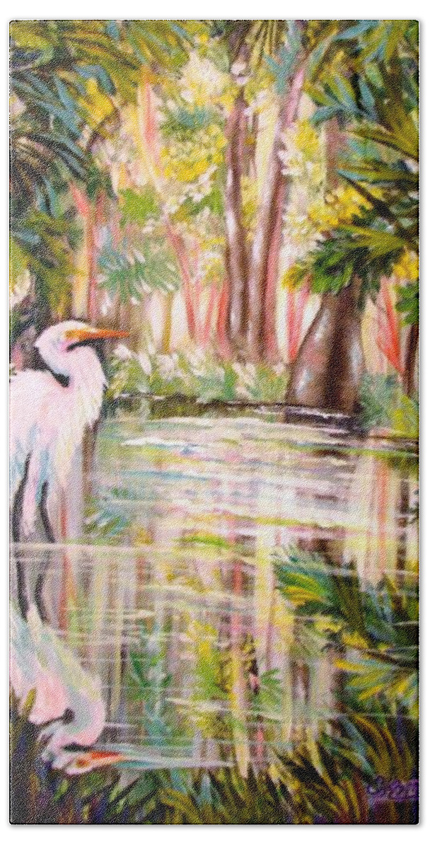 Egret Bath Towel featuring the painting Swamp Angel by Carol Allen Anfinsen