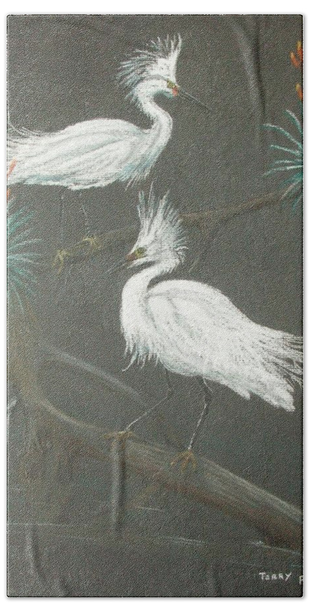 Snowy Egret Bath Towel featuring the pastel Swampbirds by Terry Frederick