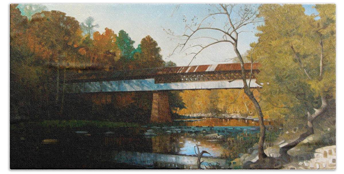 Covered Bridge Bath Towel featuring the painting Swann Covered Bridge in Early Fall by T S Carson