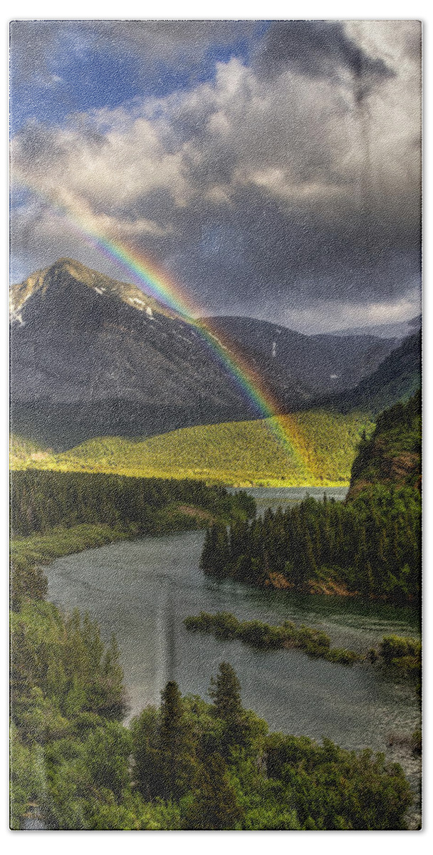 Glacier National Park Hand Towel featuring the photograph Swiftcurrent River Rainbow by Mark Kiver